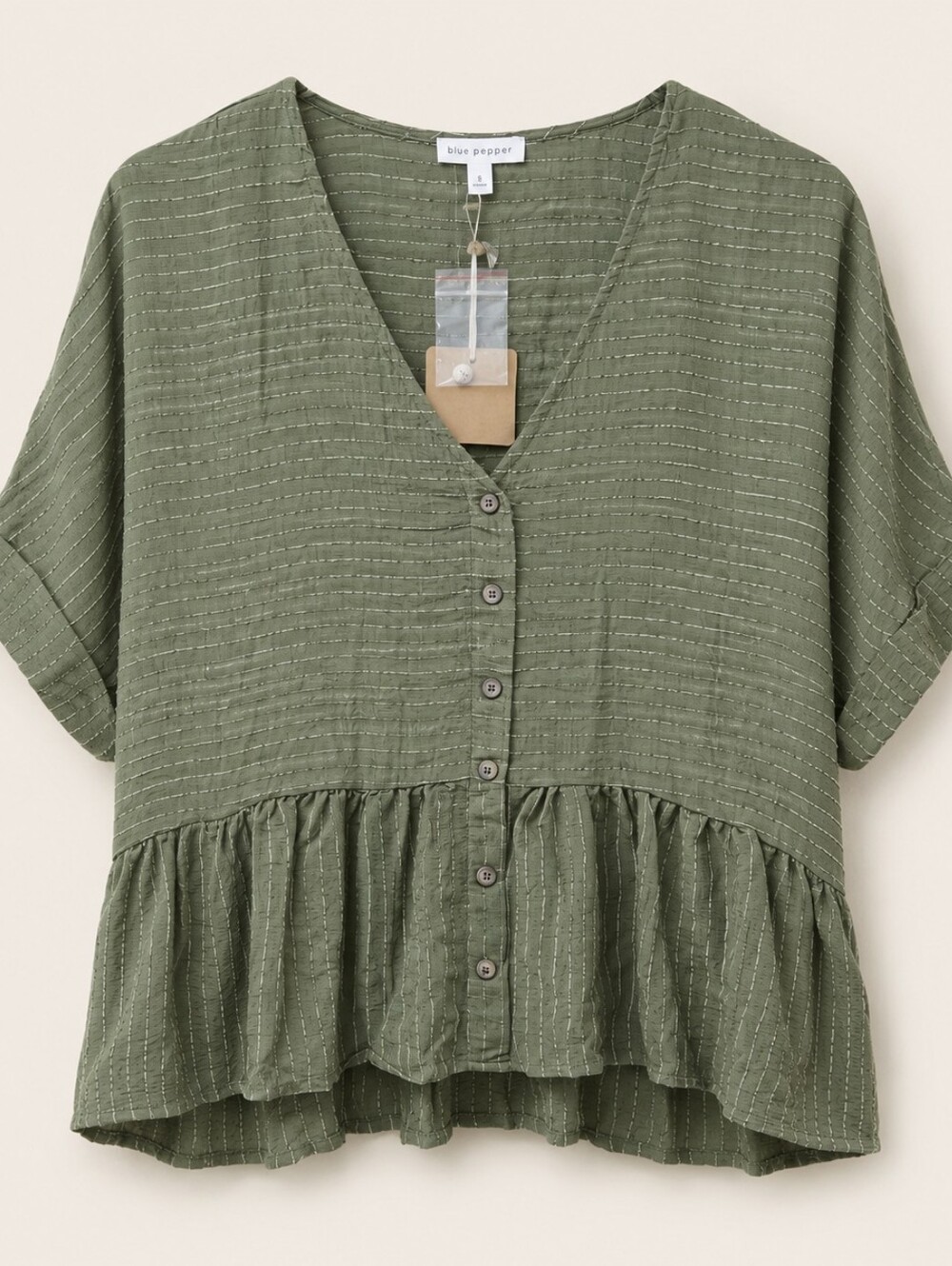 Blu Pepper Olive Green Short Sleeve Peplum Blouse - NWOT - Picture 3 of 7